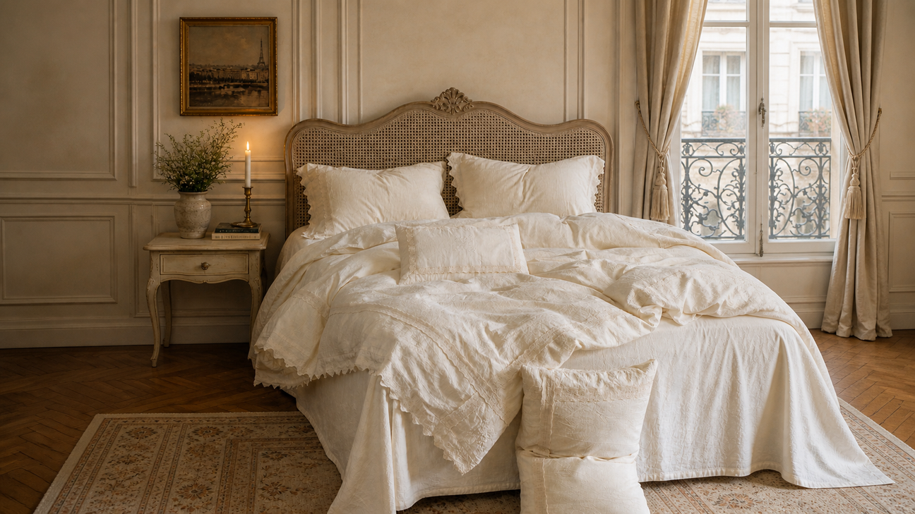 A romantic, vintage French-style bedroom featuring a woven rattan bed fully styled with the cream Fontainebleau cotton-linen bedding set, illuminated by soft natural light.