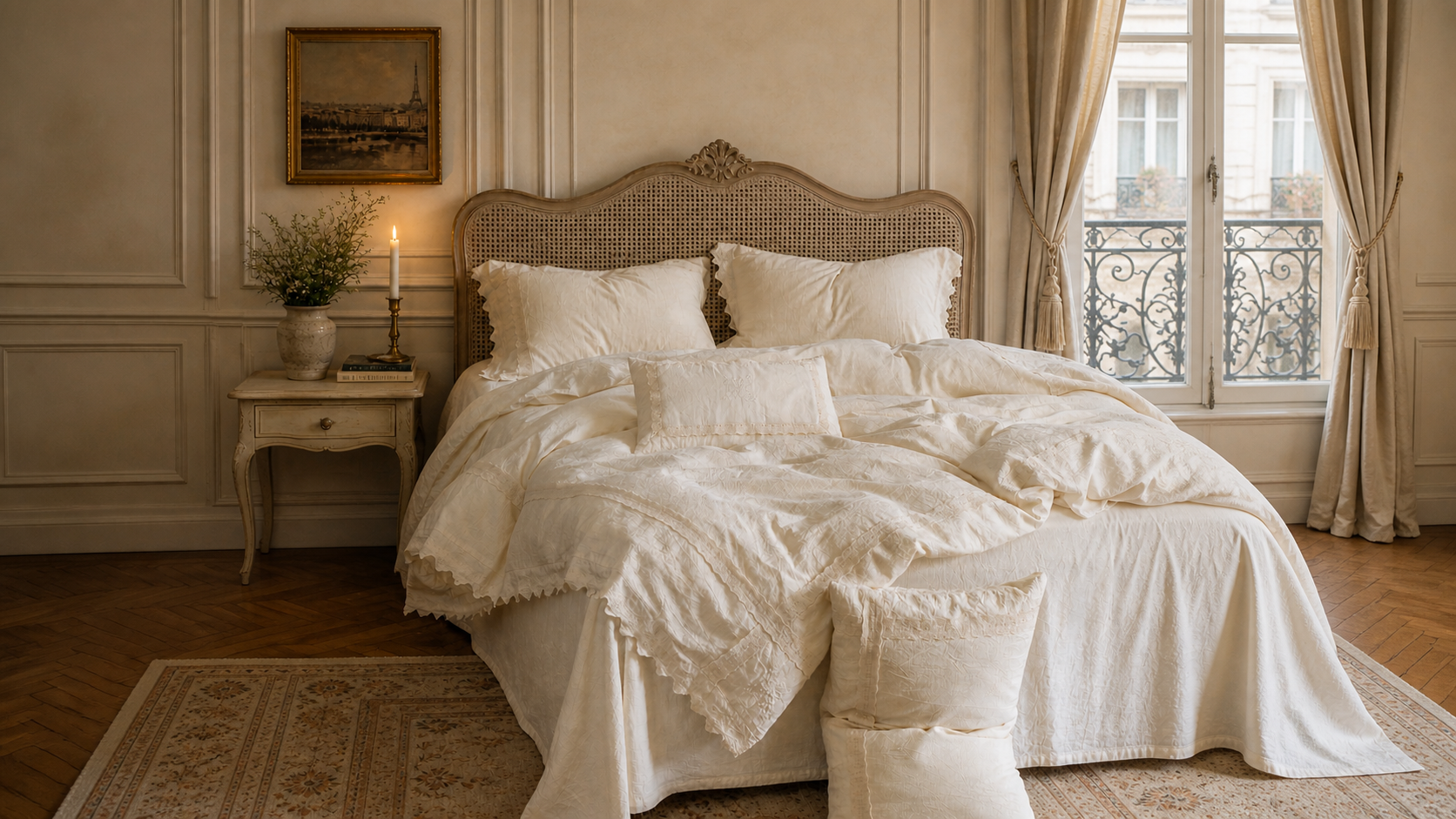 A romantic, vintage French-style bedroom featuring a woven rattan bed fully styled with the cream Fontainebleau cotton-linen bedding set, illuminated by soft natural light.