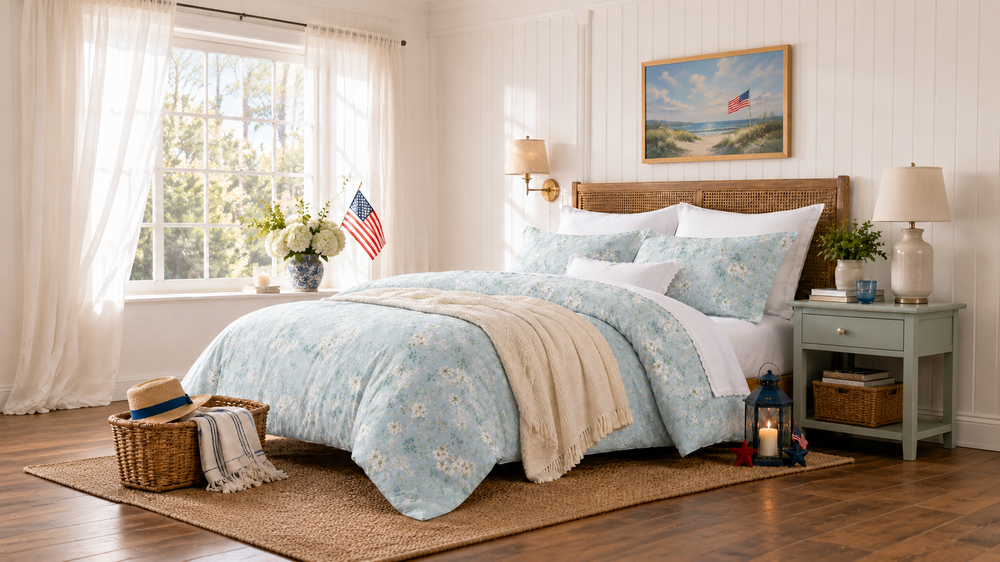 DAUAOTO blue floral bedding set in a bright summer bedroom with subtle 4th of July decor