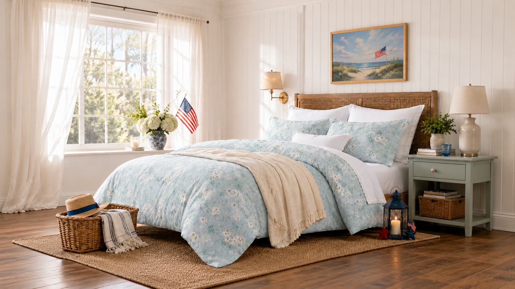 DAUAOTO blue floral bedding set in a bright summer bedroom with subtle 4th of July decor