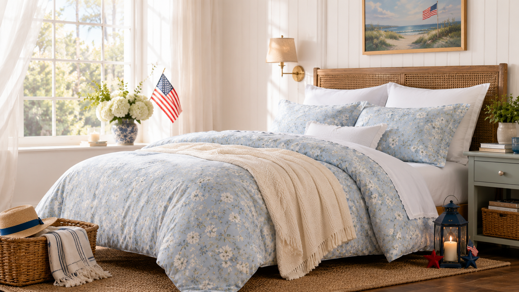 DAUAOTO blue floral bedding set in a bright summer bedroom with subtle 4th of July decor
