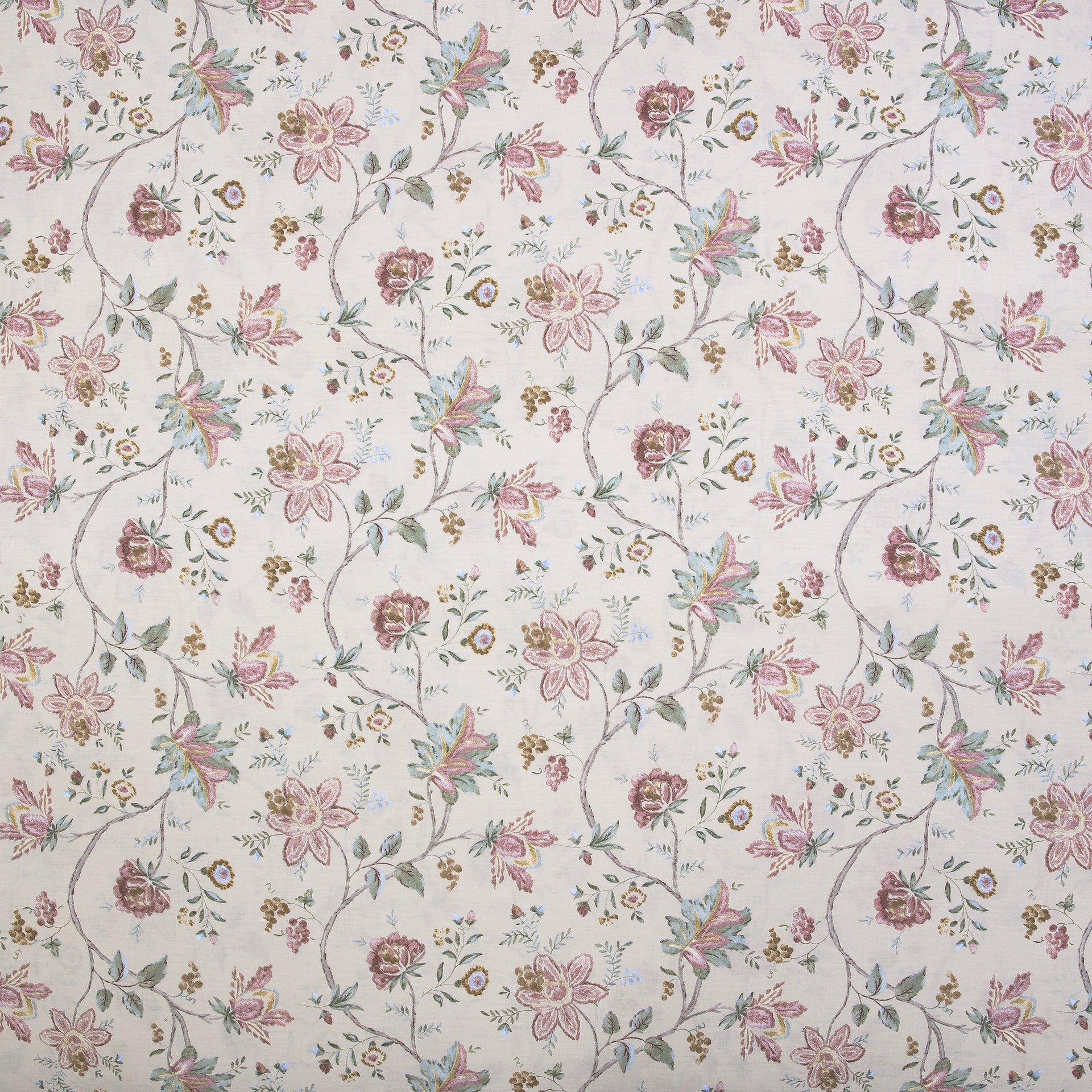 Close-up of DAUAOTO lightweight cotton fabric featuring a vintage dusty pink rose and sage green leaf pattern.