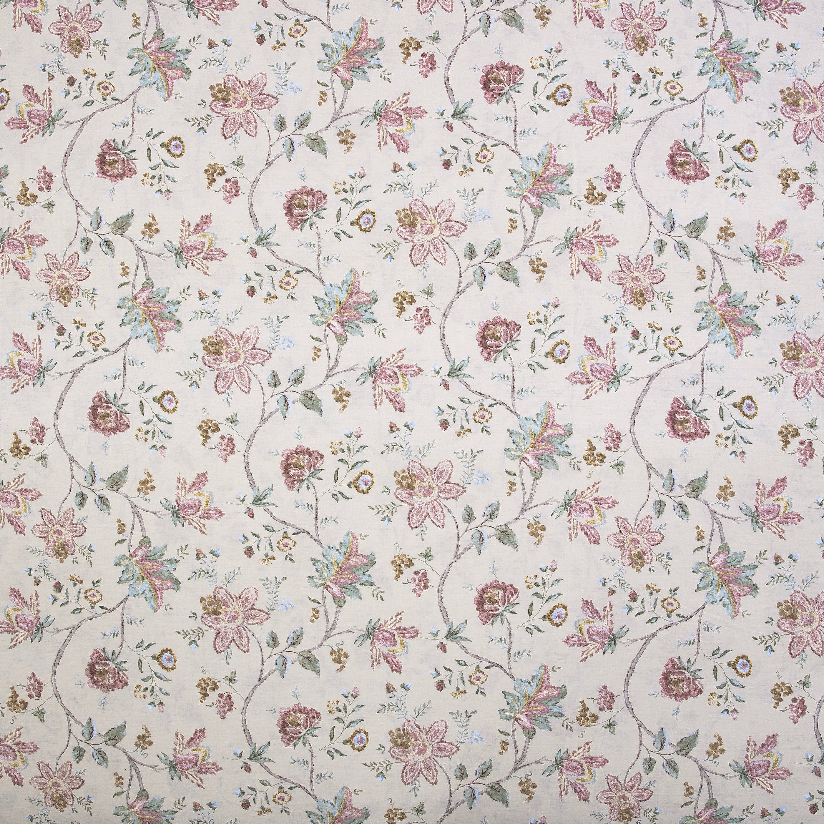 Close-up of DAUAOTO lightweight cotton fabric featuring a vintage dusty pink rose and sage green leaf pattern.