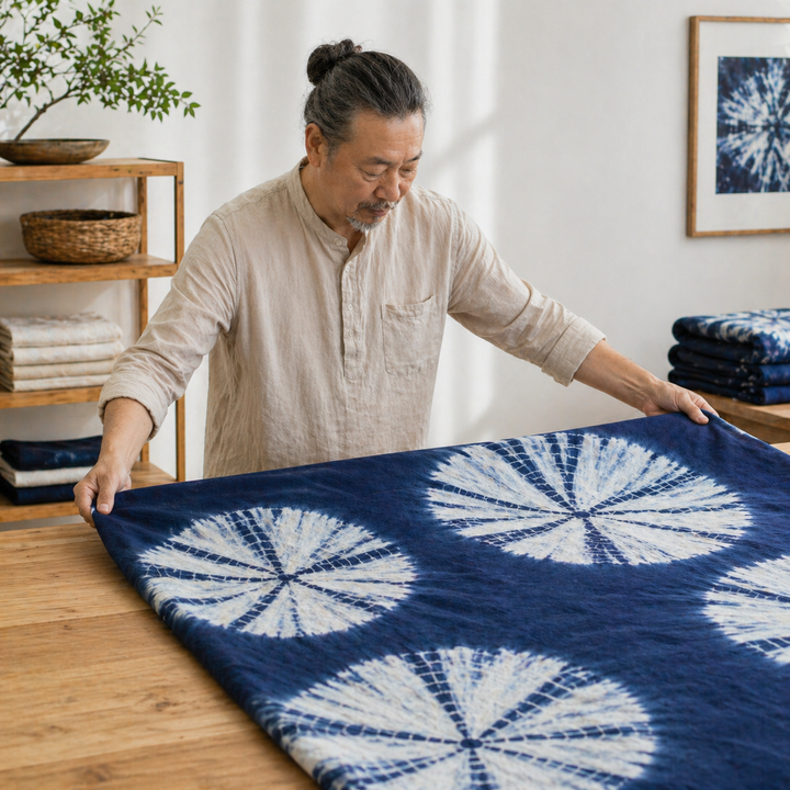 Master artisan unfolding a DAUAOTO Indigo Bloom tie-dye duvet cover, revealing the striking white sunburst pattern