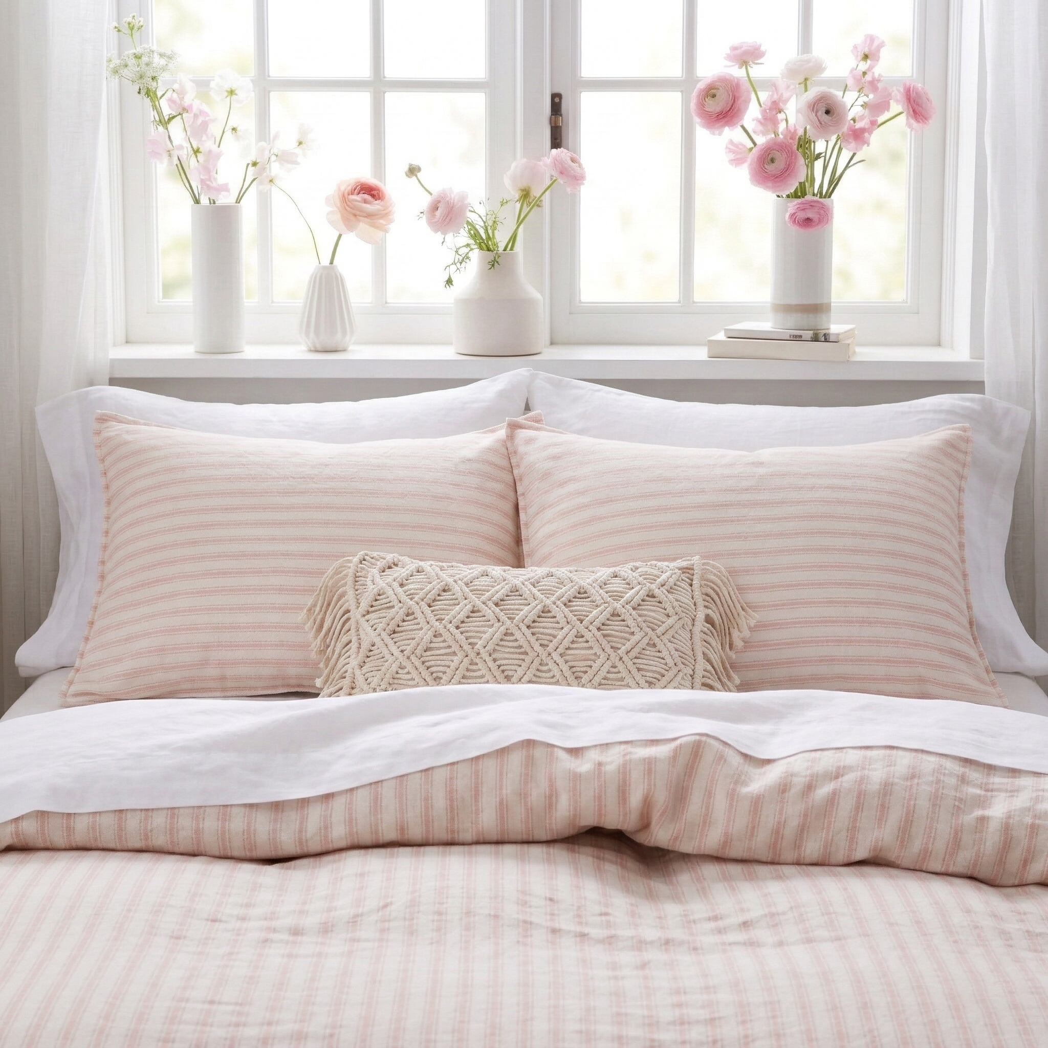 Finely tailored blush pink striped pillow shams with breathable linen cotton blend fabric - DAUAOTO