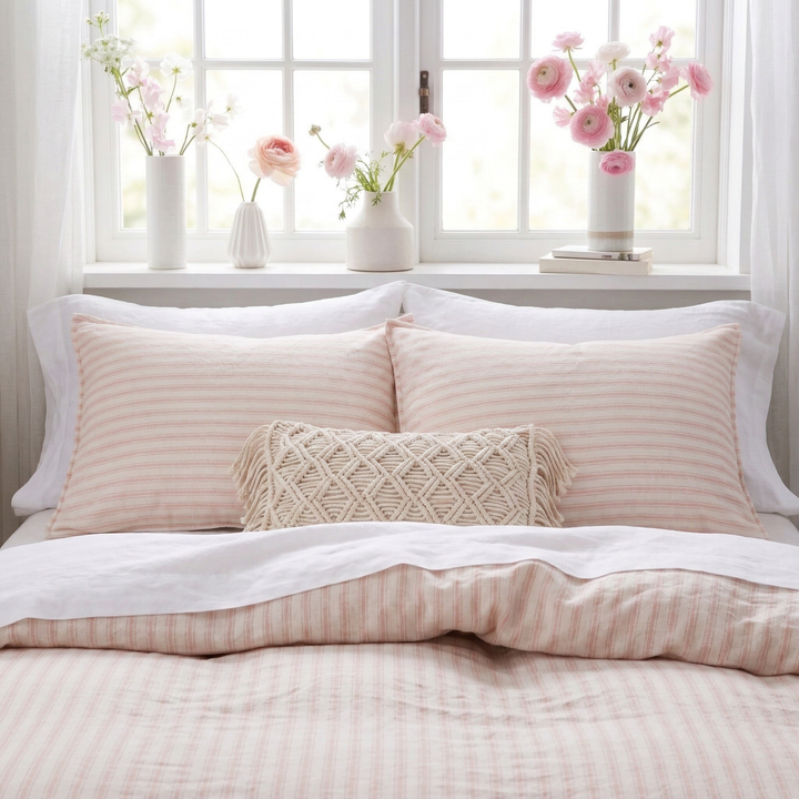 Finely tailored blush pink striped pillow shams with breathable linen cotton blend fabric - DAUAOTO
