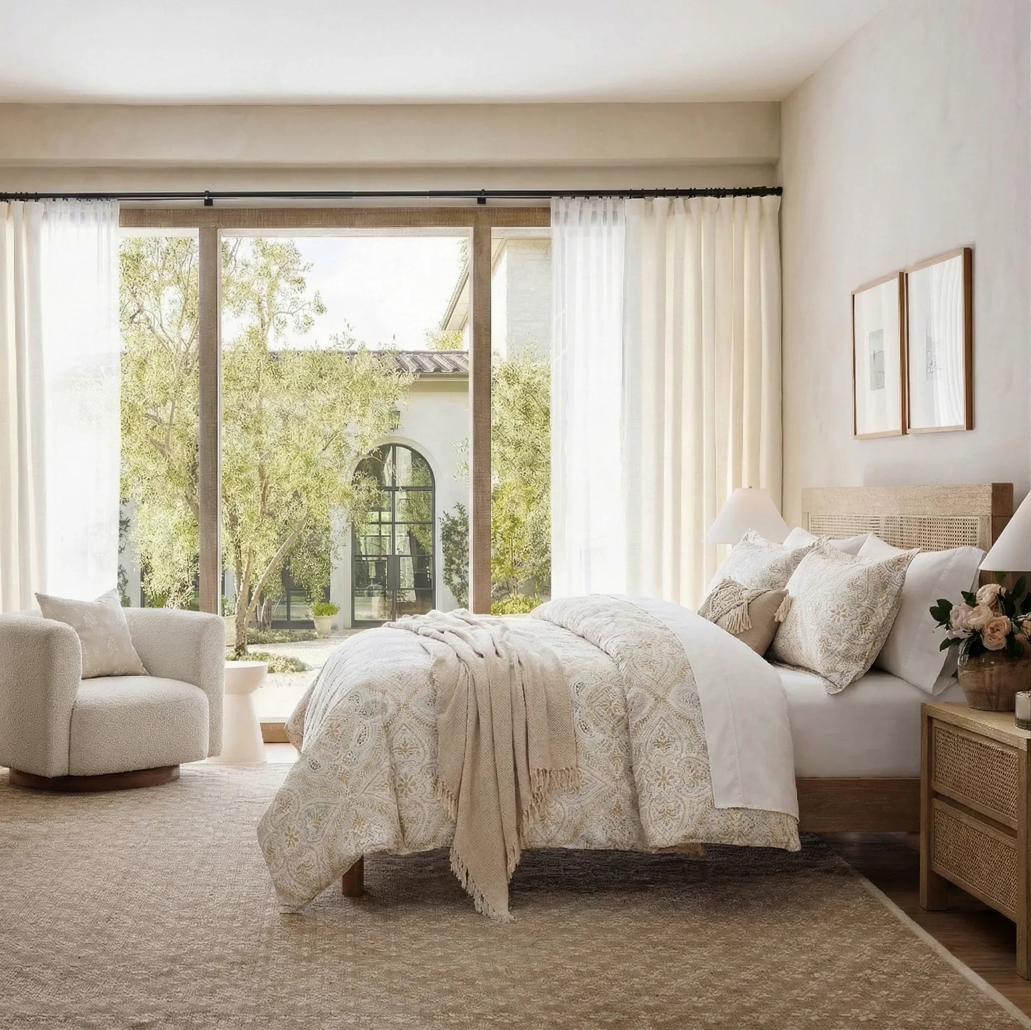 Serene boho-chic neutral bedroom aesthetic styled with a subtle gold and beige damask duvet cover - DAUAOTO