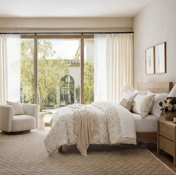 Serene boho-chic neutral bedroom aesthetic styled with a subtle gold and beige damask duvet cover - DAUAOTO