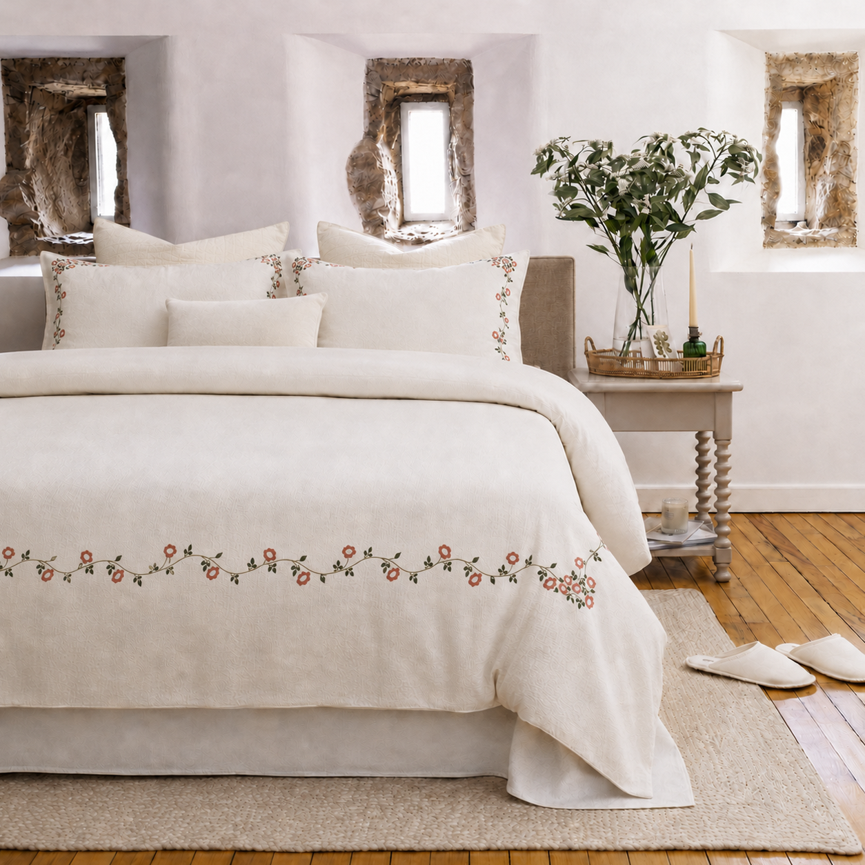 Front view of the Briar Bloom embroidered washed cotton duvet cover set