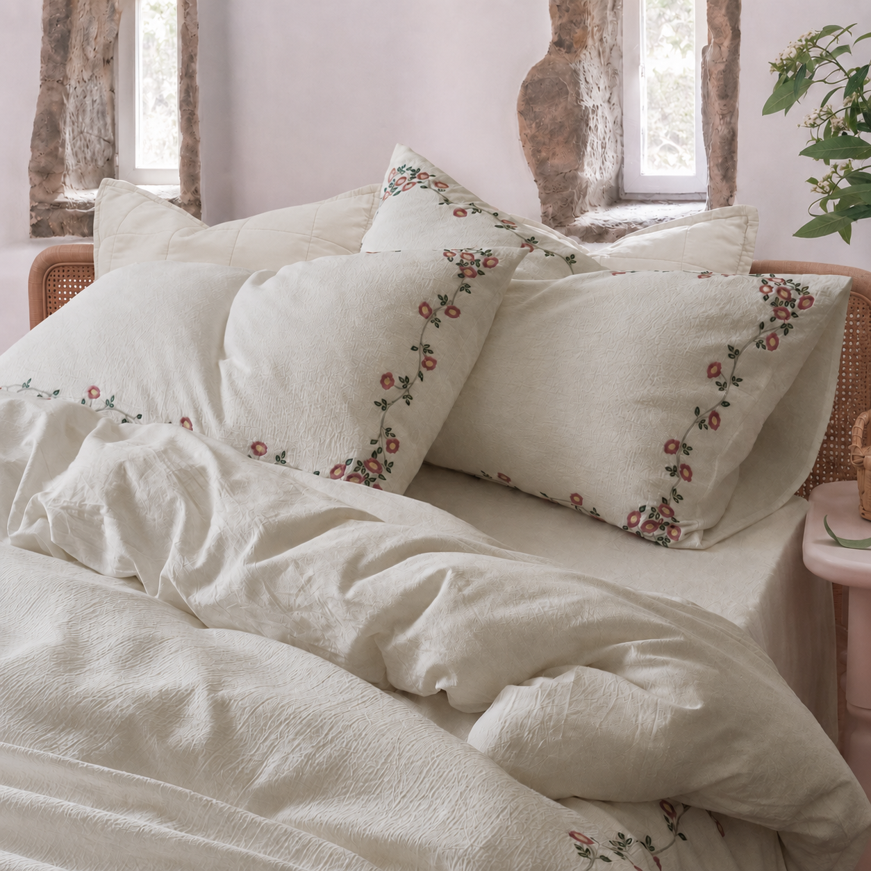 Briar Bloom washed cotton bedding with embroidered pillow shams in a sunlit bedroom