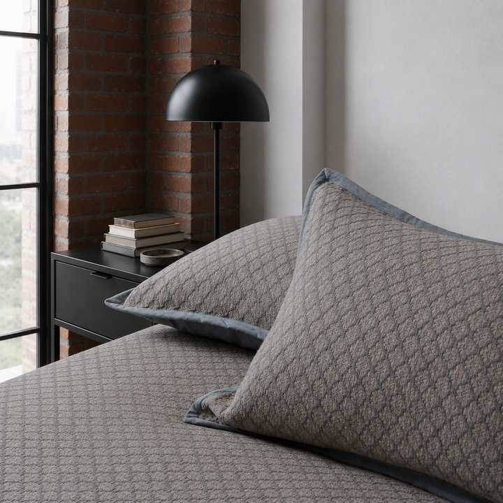 A charcoal gray jacquard pillow and coverlet next to a modern black nightstand in an urban loft setting.