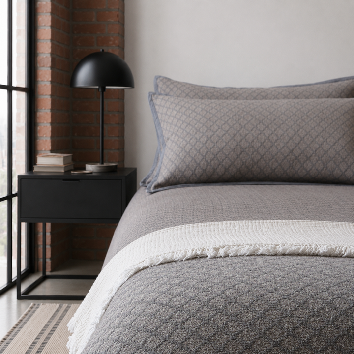 Angled view of the charcoal gray washed cotton quilt styled with a cozy contrasting white throw blanket.
