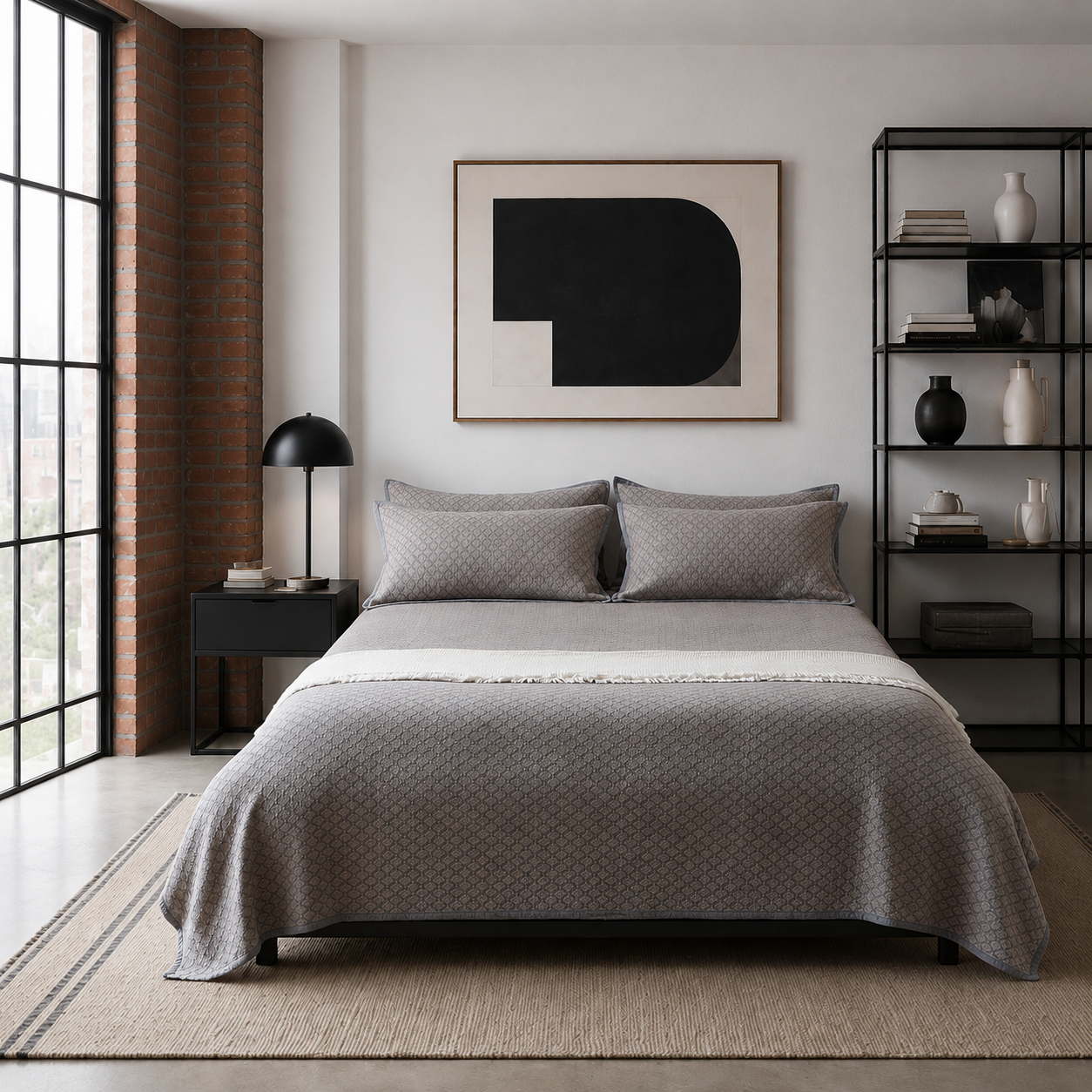 Front view of a bed styled with a charcoal gray washed cotton bedspread in a modern minimalist room.