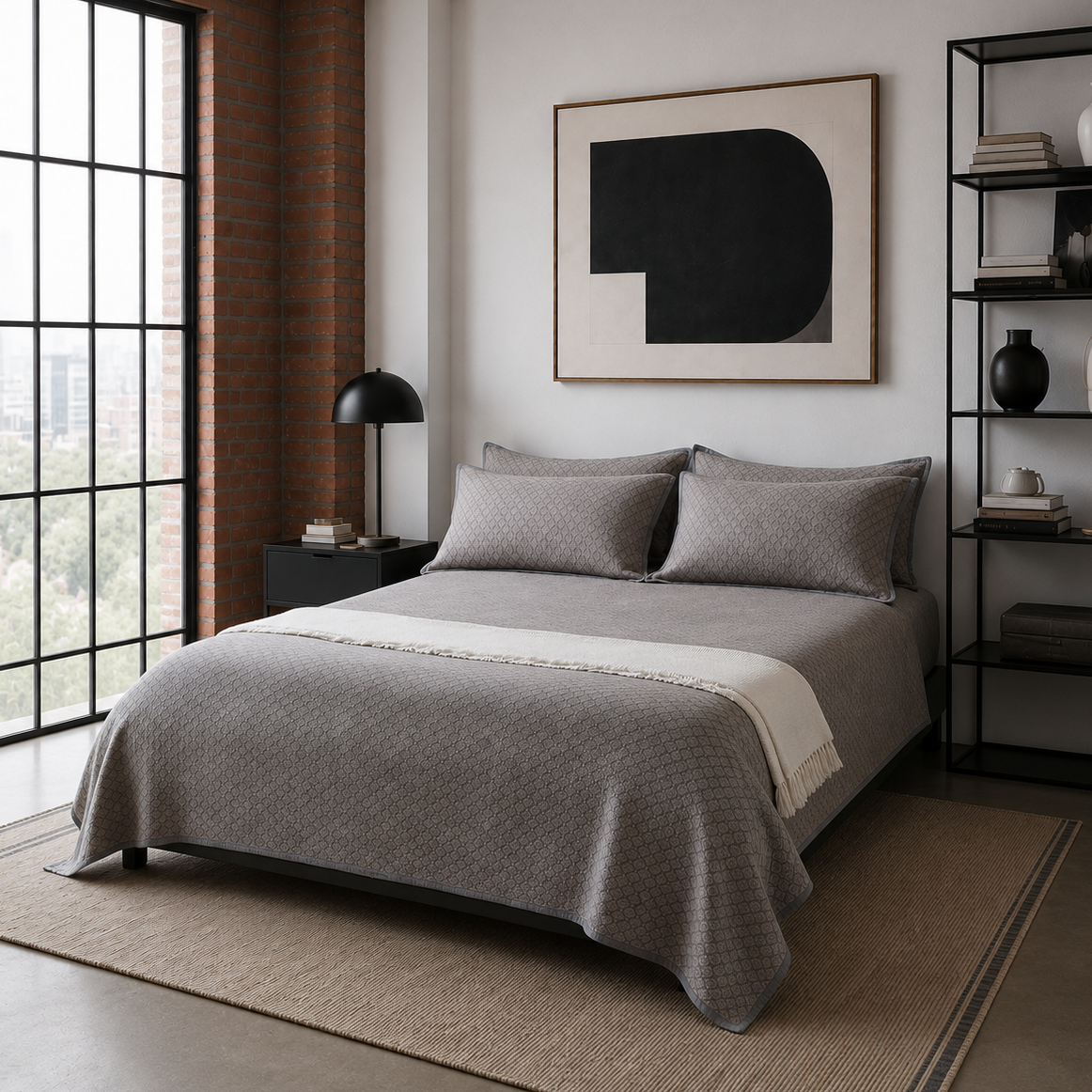 Charcoal gray washed cotton diamond jacquard coverlet set styled in a modern industrial loft bedroom with exposed brick.