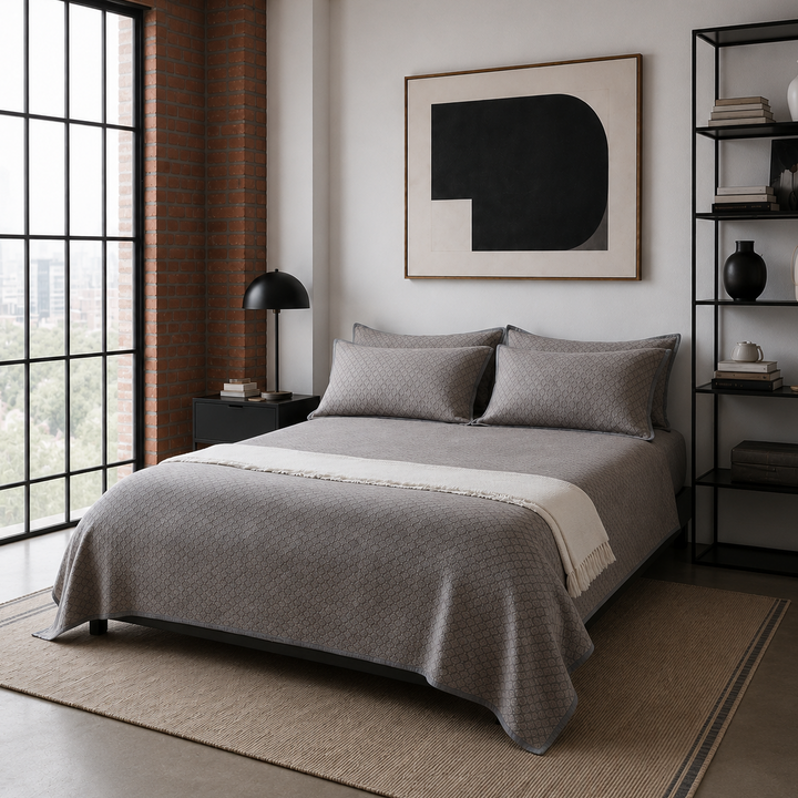 Charcoal gray washed cotton diamond jacquard coverlet set styled in a modern industrial loft bedroom with exposed brick.