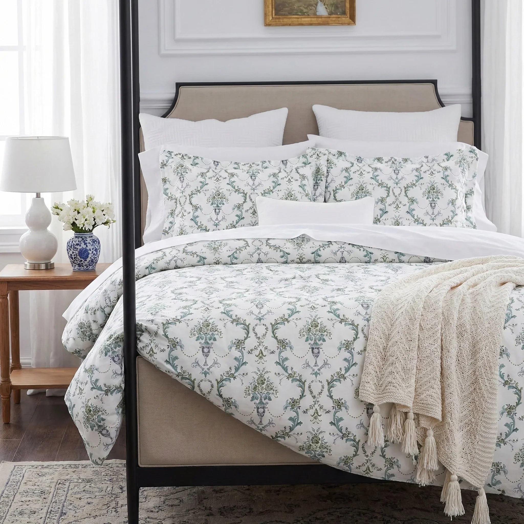 Refined sophistication in a modern classic bedroom showcasing the green and ivory floral cotton duvet cover set - DAUAOTO