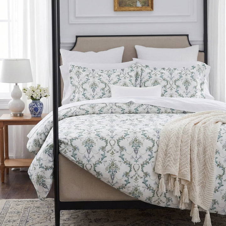 Refined sophistication in a modern classic bedroom showcasing the green and ivory floral cotton duvet cover set - DAUAOTO