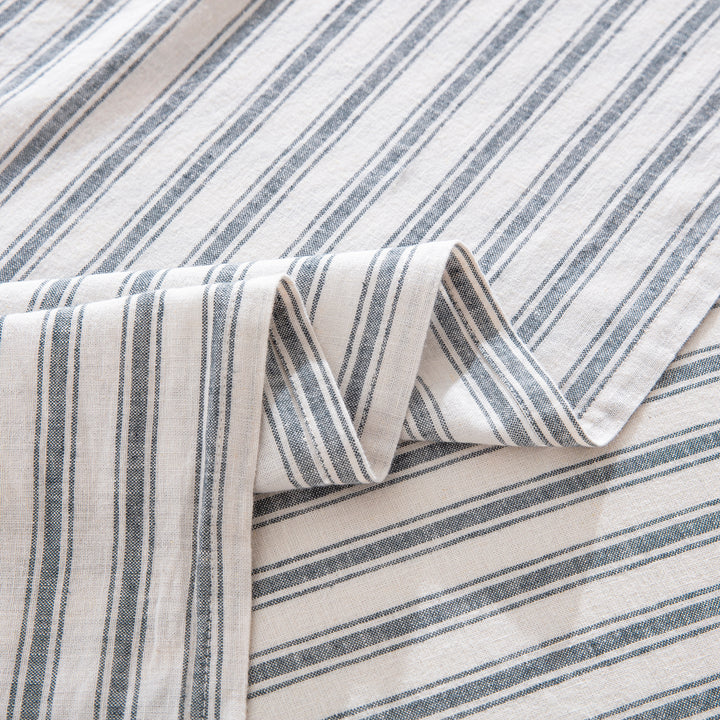 Detailed view of the prewashed classic grey striped flat sheet highlighting the rustic farmhouse charm and smooth softness - DAUAOTO