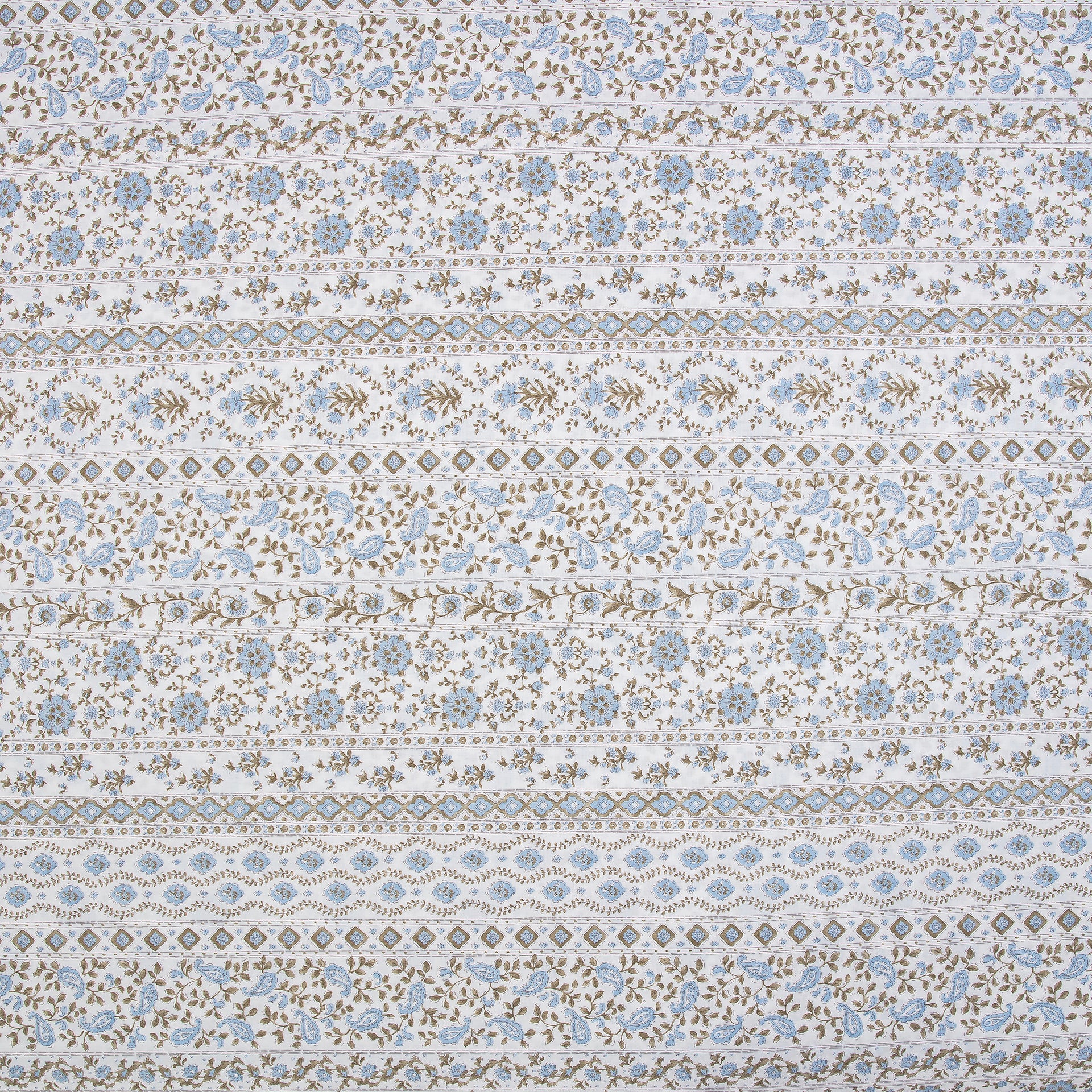 Close-up of DAUAOTO lightweight cotton fabric featuring a serene coastal blue and sand block print floral pattern.