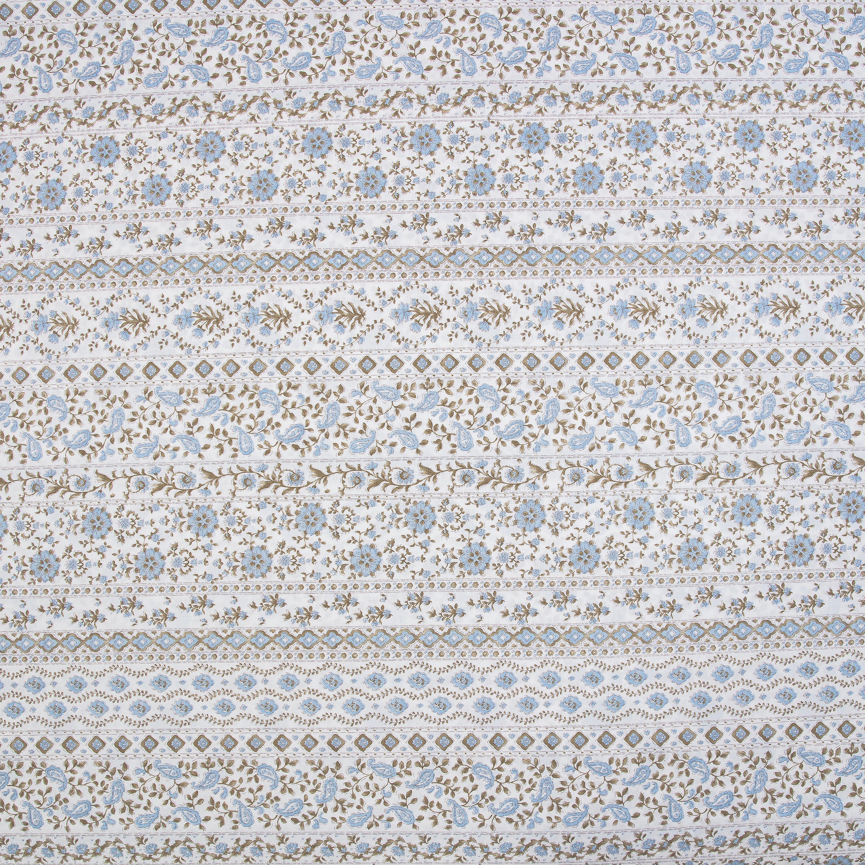 Close-up of DAUAOTO lightweight cotton fabric featuring a serene coastal blue and sand block print floral pattern.