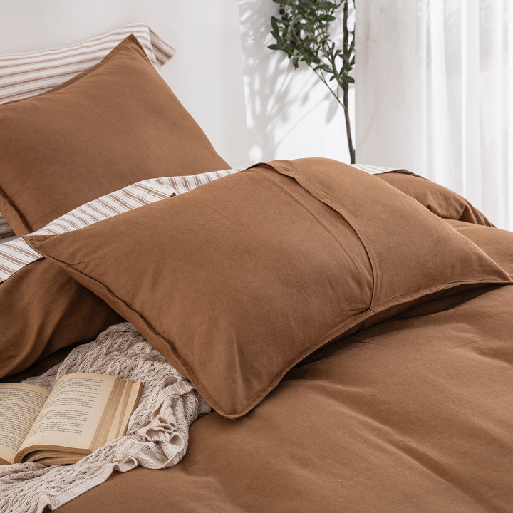 Matching cognac brown linen cotton pillow shams showcasing a beautiful natural texture and sleek envelope closure - DAUAOTO