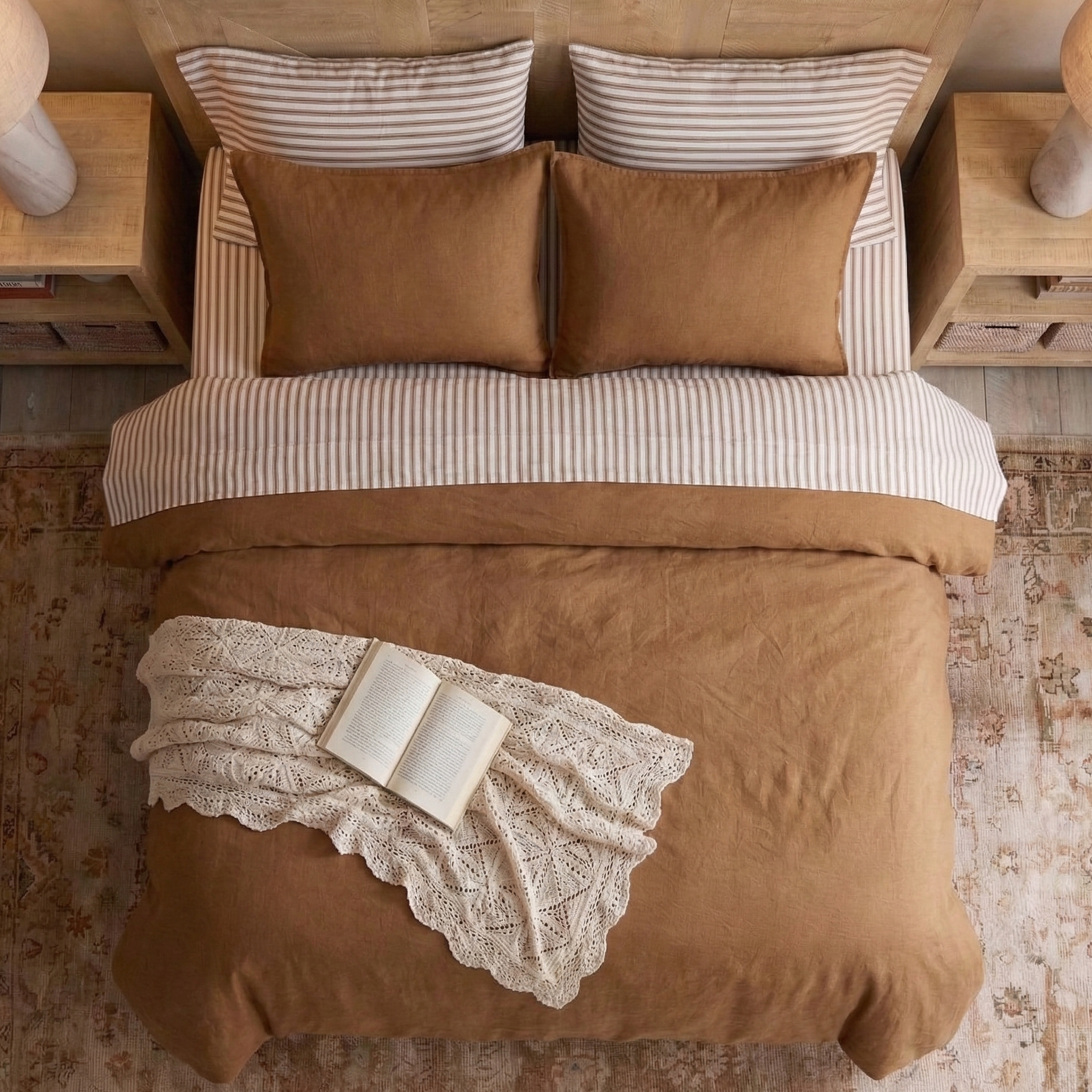 Top-down view of the prewashed cognac brown linen bedding bringing organic warmth to a daily sleep routine - DAUAOTO