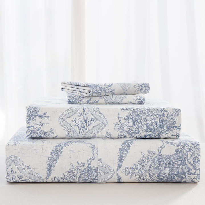 Complete bedding ensemble including a beautifully draped flat sheet, tailored fitted sheet, and matching toile pillowcases - DAUAOTO