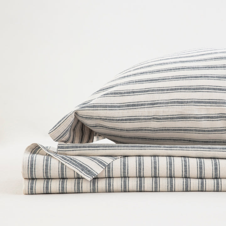 Complete classic grey yarn-dyed stripe linen cotton bedding ensemble folded neatly for everyday luxury - DAUAOTO