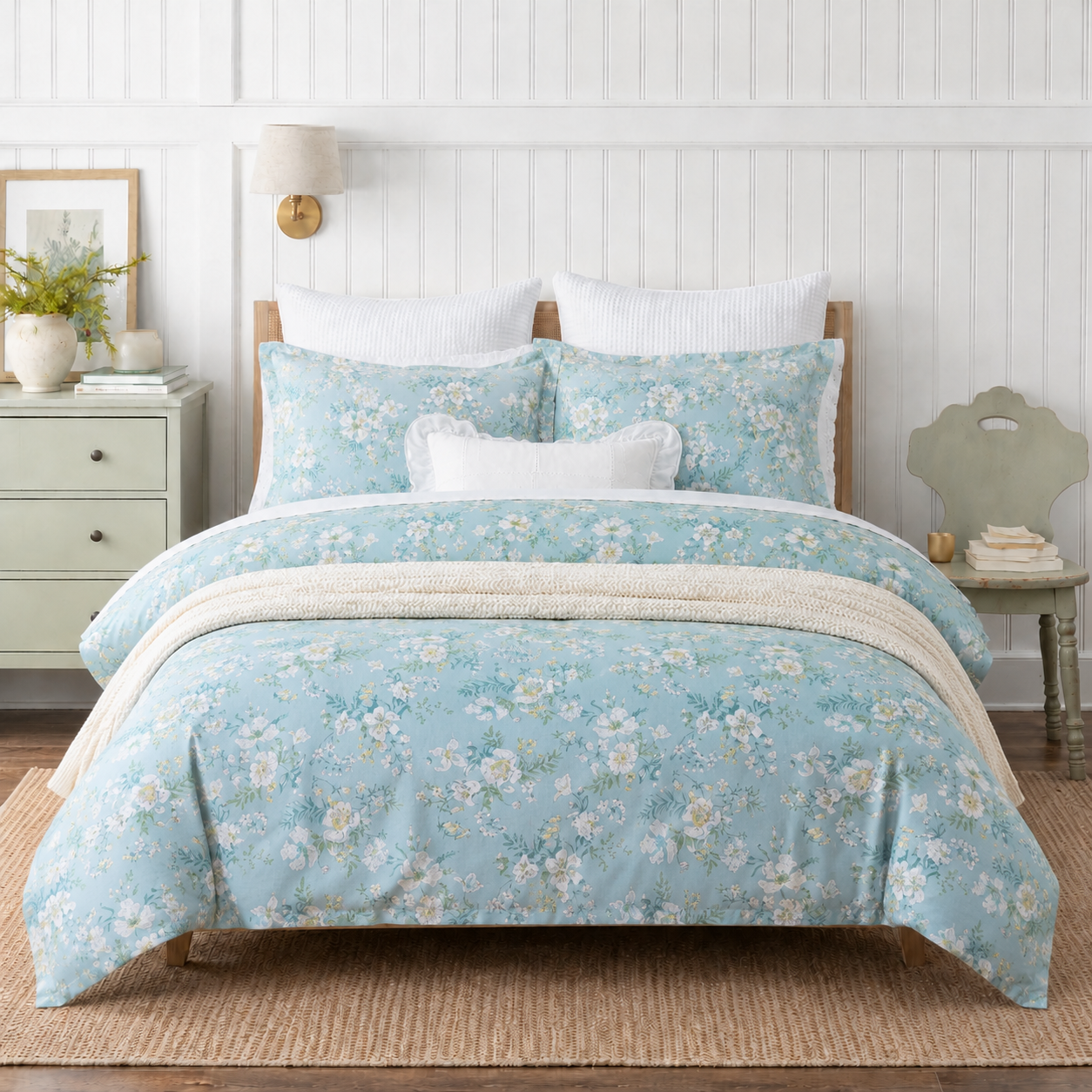 Front view of a calming bedroom featuring DAUAOTO lightweight light blue floral duvet cover and matching pillowcases.