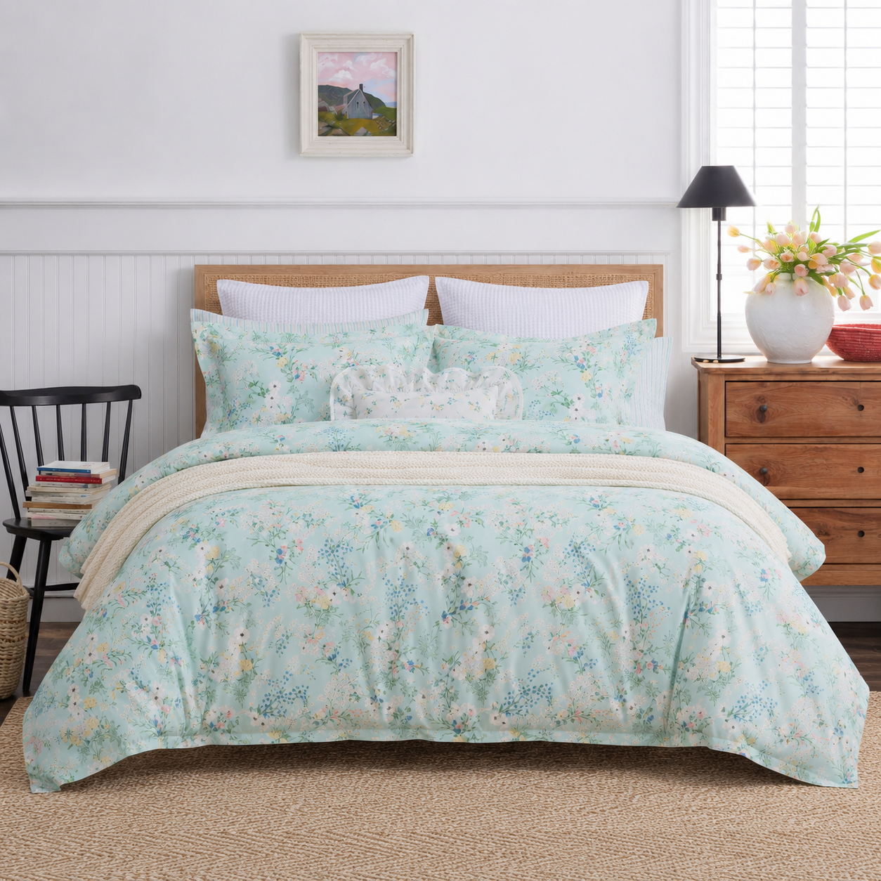 Front view of a cottagecore style bedroom featuring DAUAOTO lightweight mint green floral duvet cover and matching pillowcases.