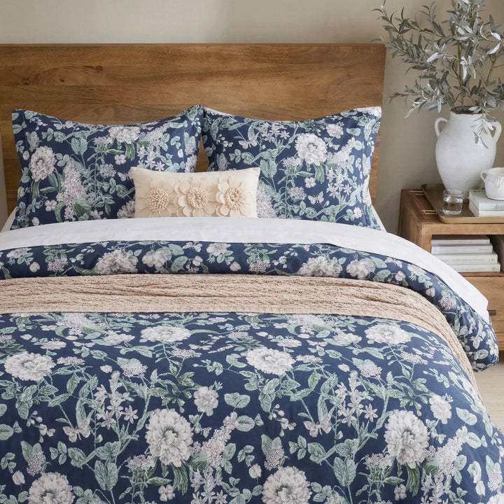 Elegant cottagecore style bedroom styled with the navy blue botanical floral duvet cover - DAUAOTO