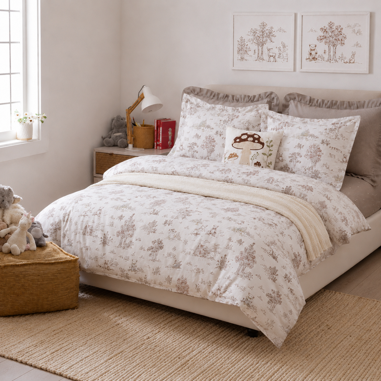 Angled view of a serene cottagecore bedroom featuring the DAUAOTO vintage woodland cotton duvet cover set.