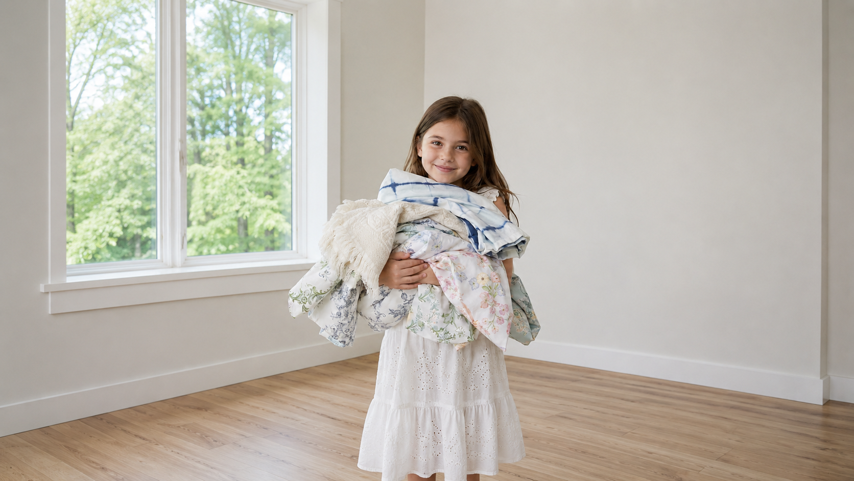 A smiling young girl holding a stack of DAUAOTO premium bedding, including floral prints and tie-dye fabrics, in a bright modern room.