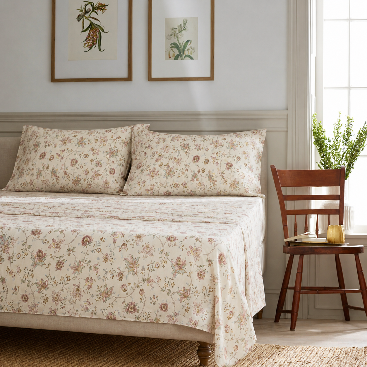DAUAOTO antique rose vintage floral lightweight cotton sheet set in a bright French country bedroom with a rustic wooden chair.