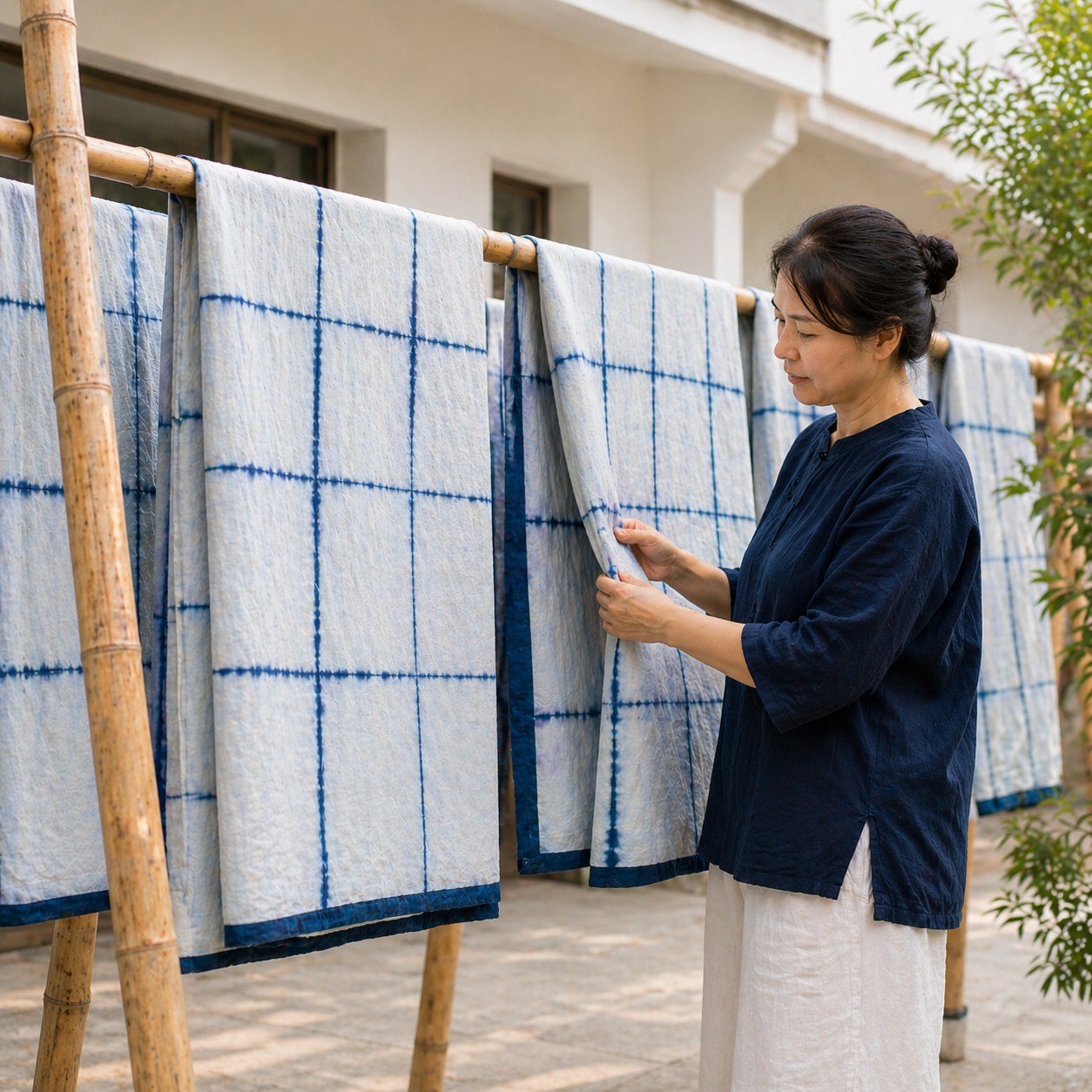 Artisan hanging freshly dyed DAUAOTO Artisan Grid tie-dye cotton fabric to dry in the sun.