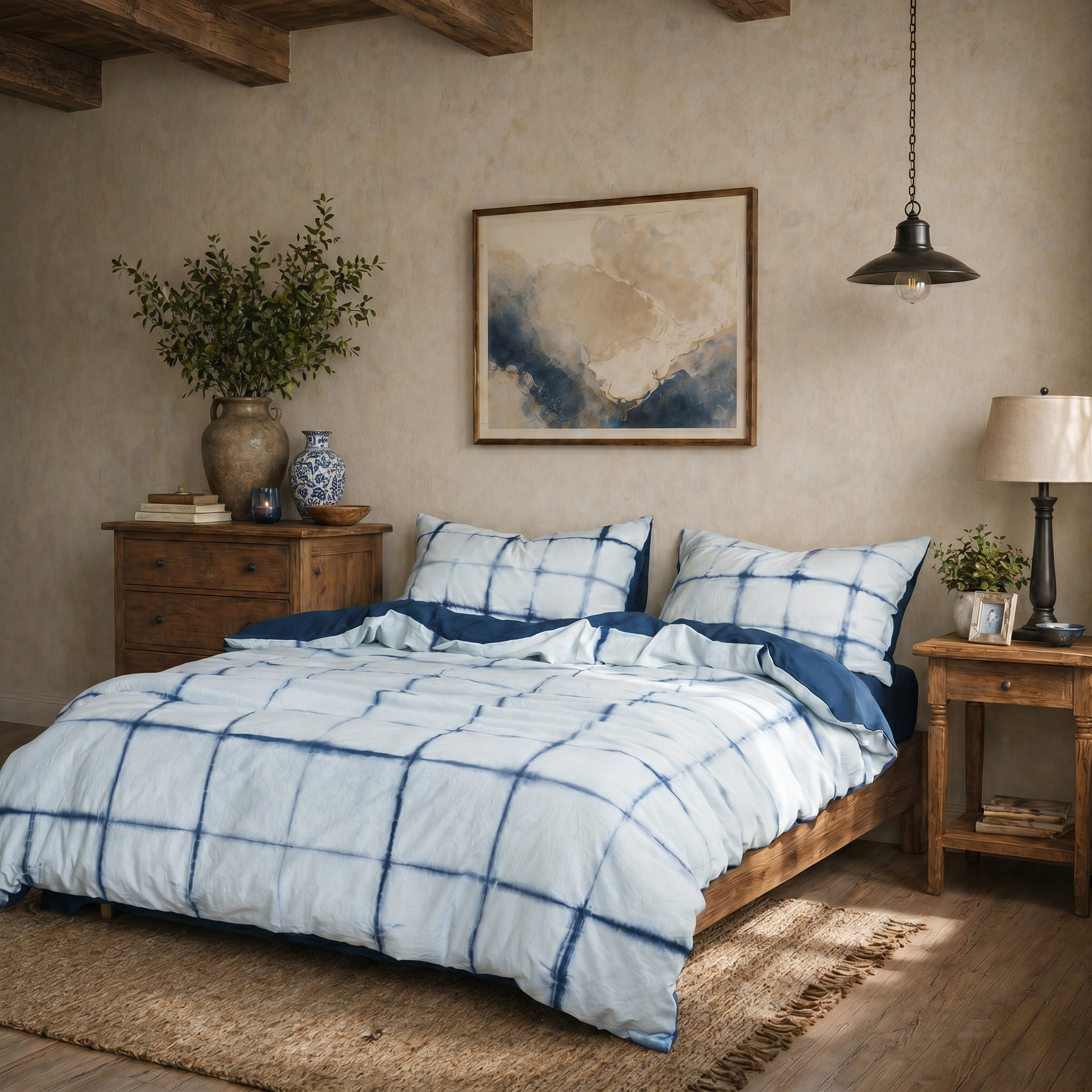 Angled view of the DAUAOTO Artisan Grid handmade indigo tie-dye duvet cover set on a bed.
