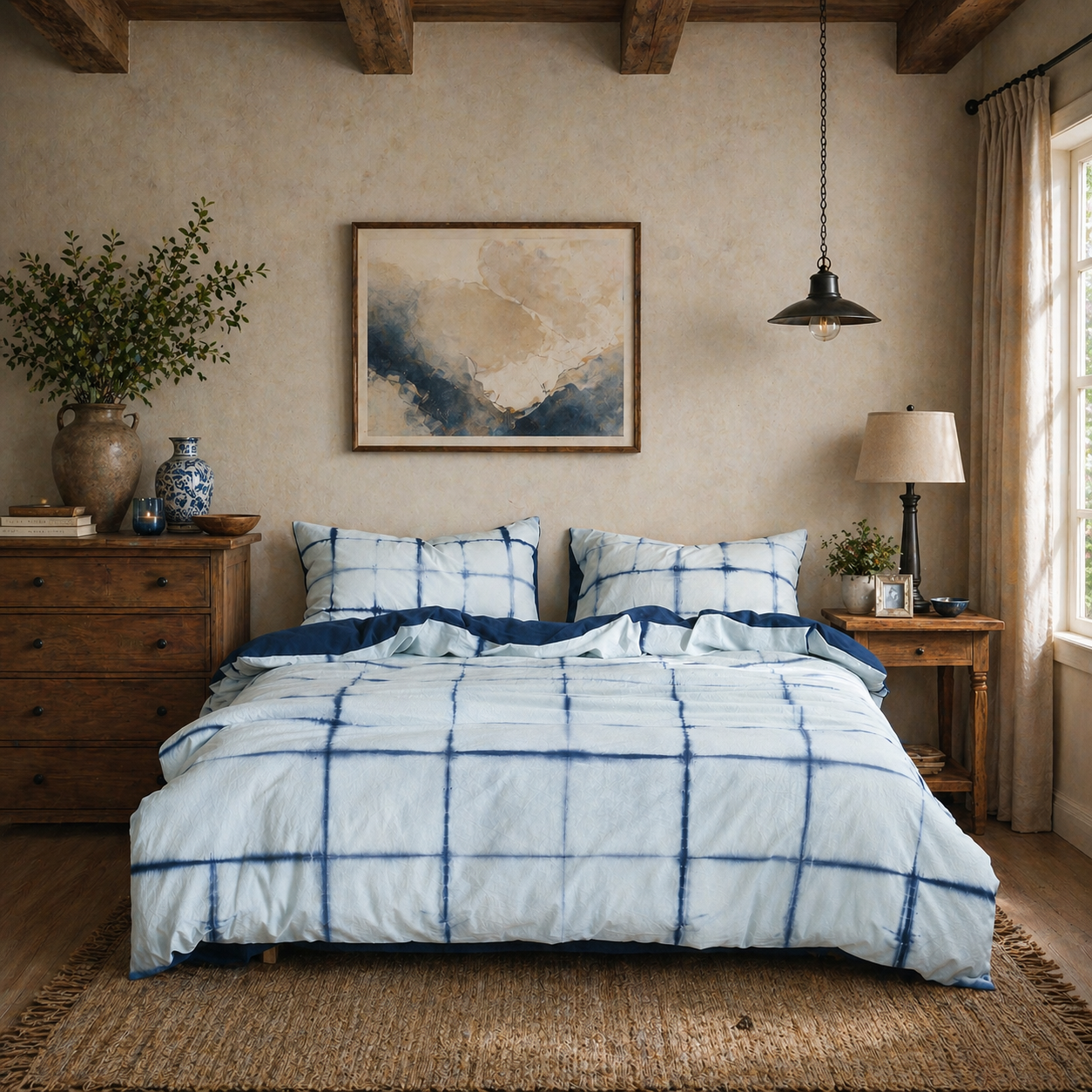 DAUAOTO Artisan Grid botanical tie-dye 100% cotton duvet cover set in a serene rustic minimalist bedroom.