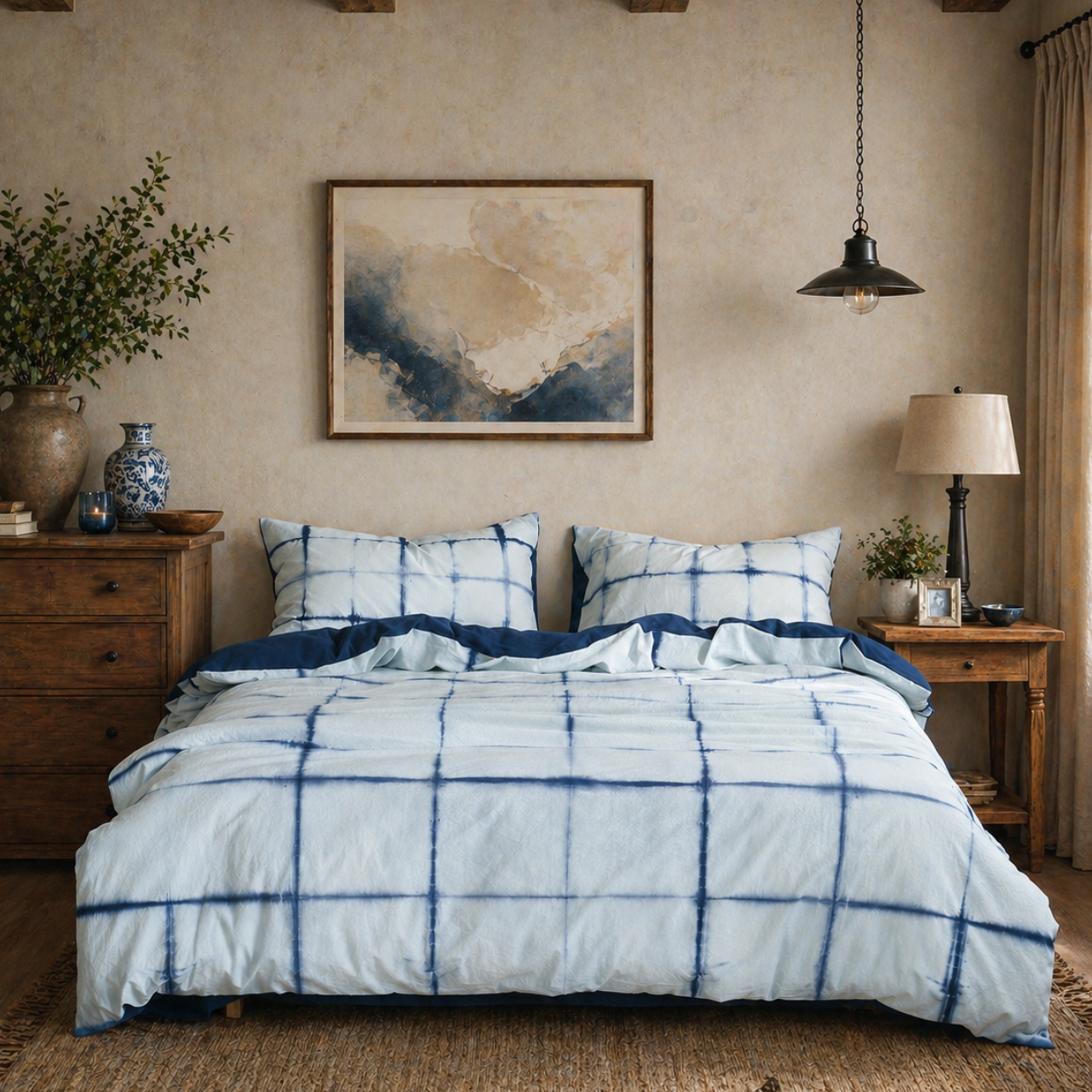 DAUAOTO Artisan Grid botanical tie-dye 100% cotton duvet cover set in a serene rustic minimalist bedroom.