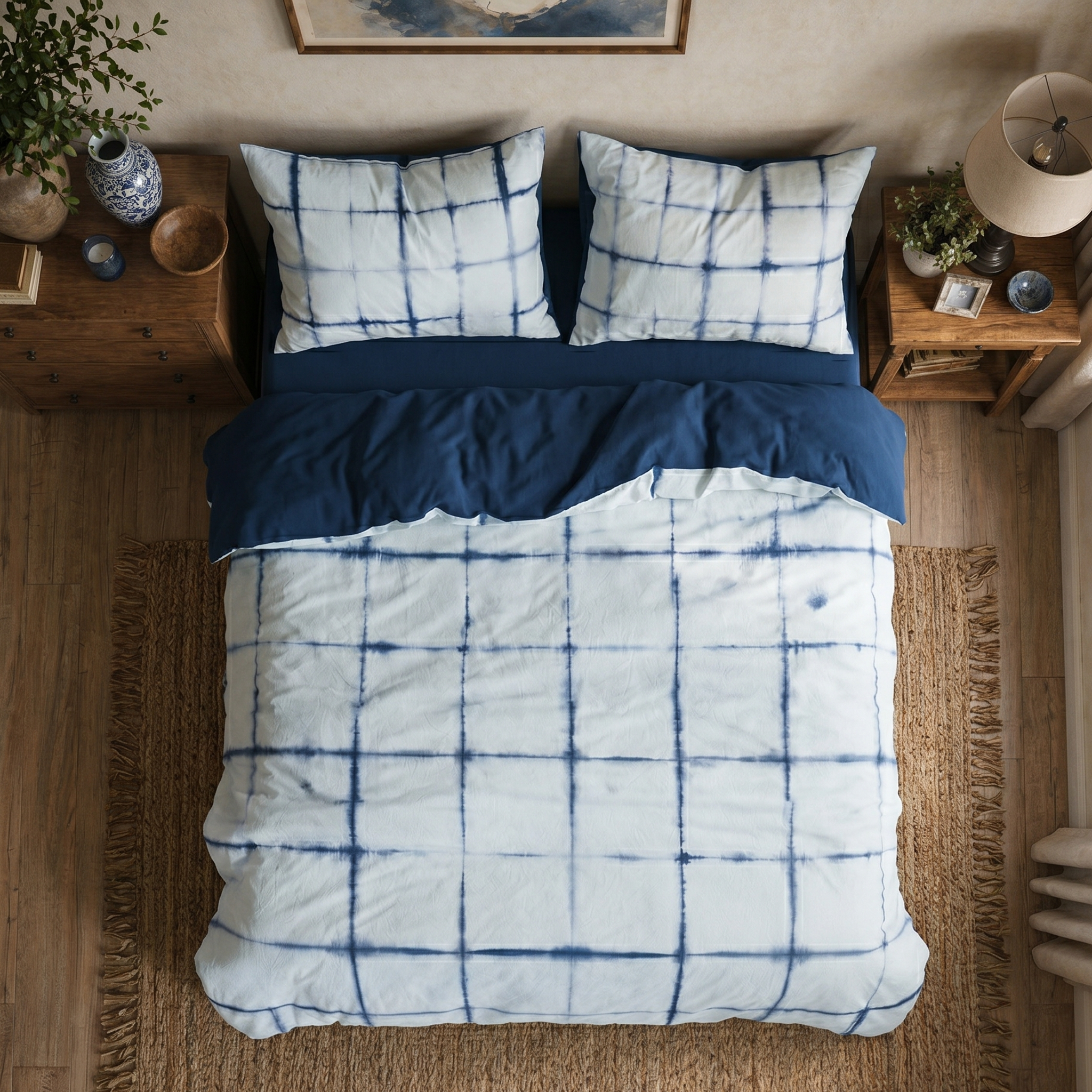 Top-down view of the DAUAOTO Artisan Grid 100% pure cotton duvet cover set showing casual indigo lines.