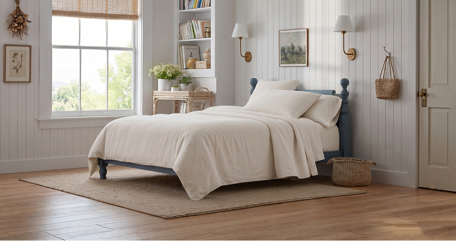 A bright serene bedroom featuring DAUAOTO's premium solid cream bed sheet set on a blue bed frame.