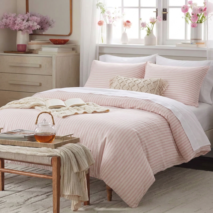 Romantic blush pink yarn-dyed stripe linen cotton blend duvet cover set in a bright, airy sleep sanctuary - DAUAOTO