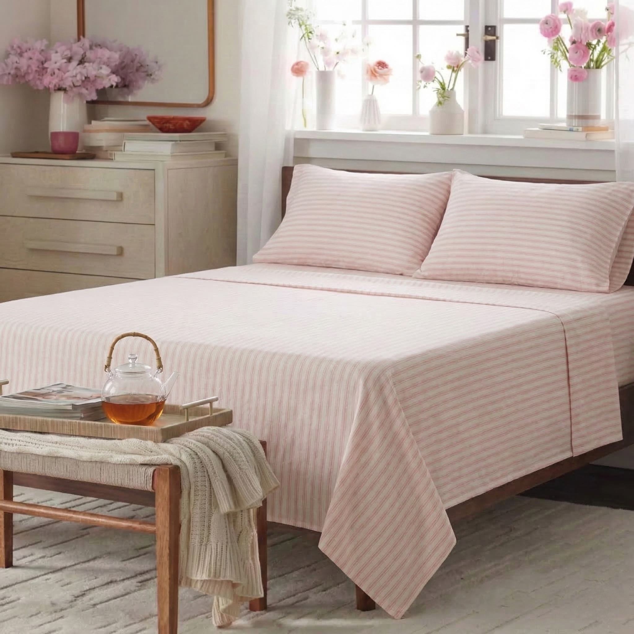 Soft minimalist charm bedroom featuring the Blush Pink Yarn-Dyed Stripe 55% Linen 45% Cotton Blend Sheet Set - DAUAOTO