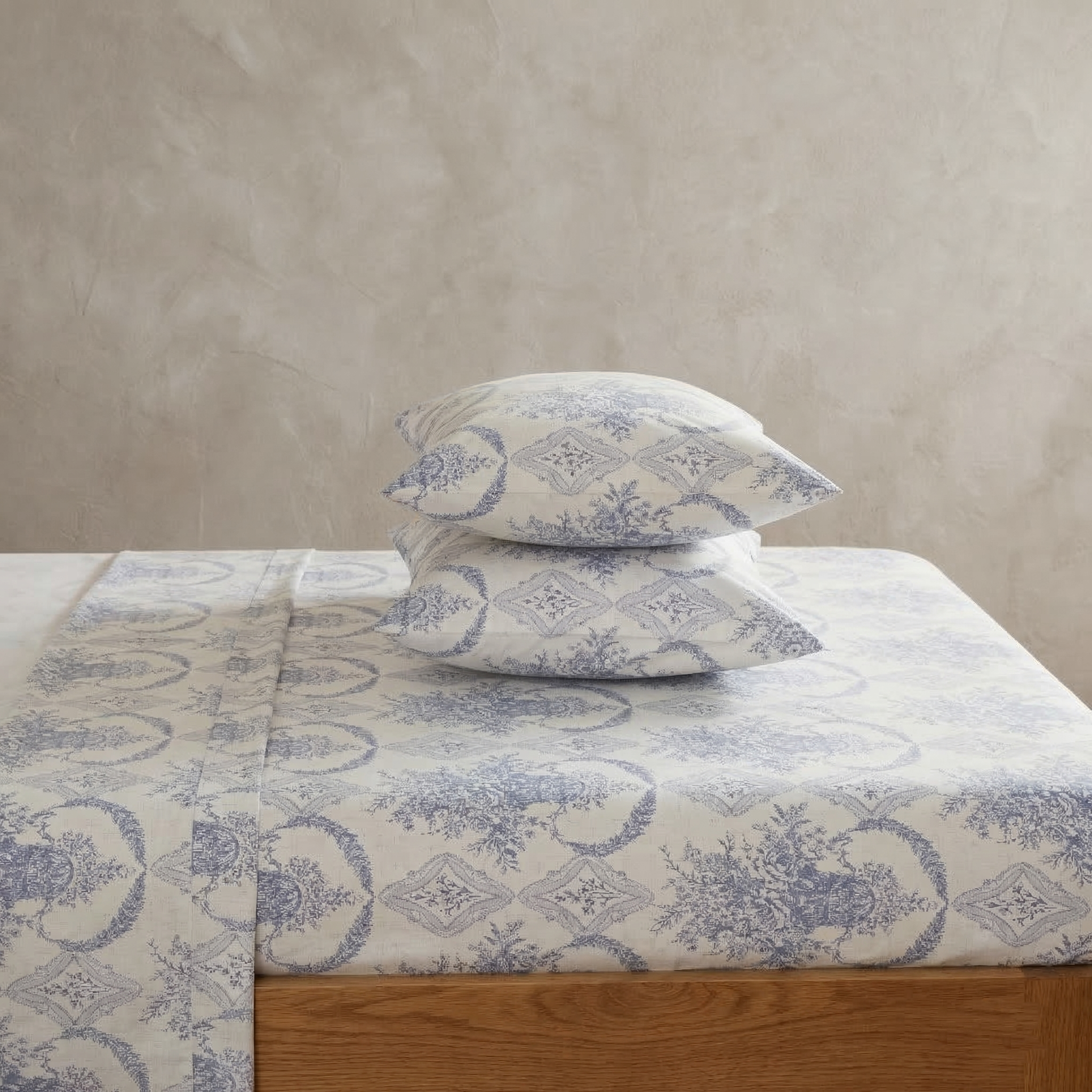 Timeless French country elegance bedroom featuring the Classic Blue Toile 100% cotton sheet set - DAUAOTO