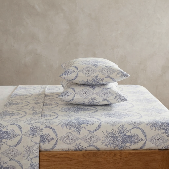 Timeless French country elegance bedroom featuring the Classic Blue Toile 100% cotton sheet set - DAUAOTO