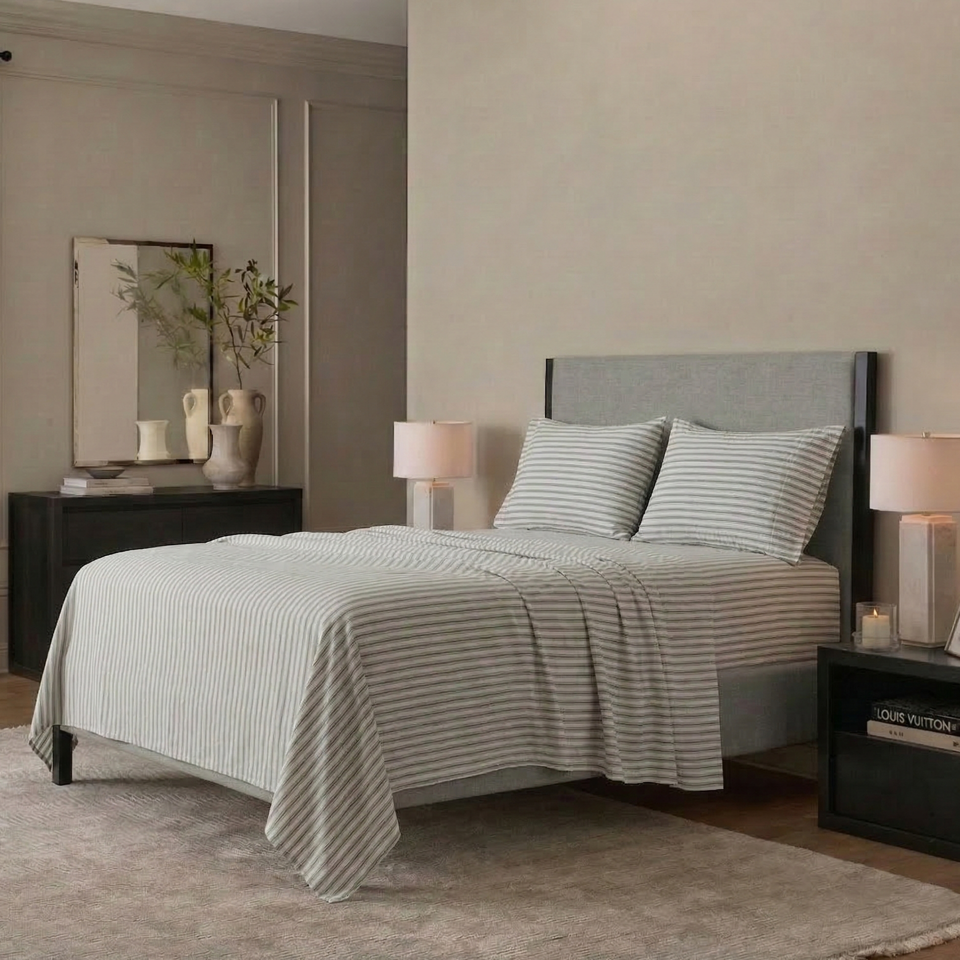 Relaxed modern luxury bedroom featuring the Classic Grey Yarn-Dyed Stripe 55% Linen 45% Cotton Blend Sheet Set - DAUAOTO