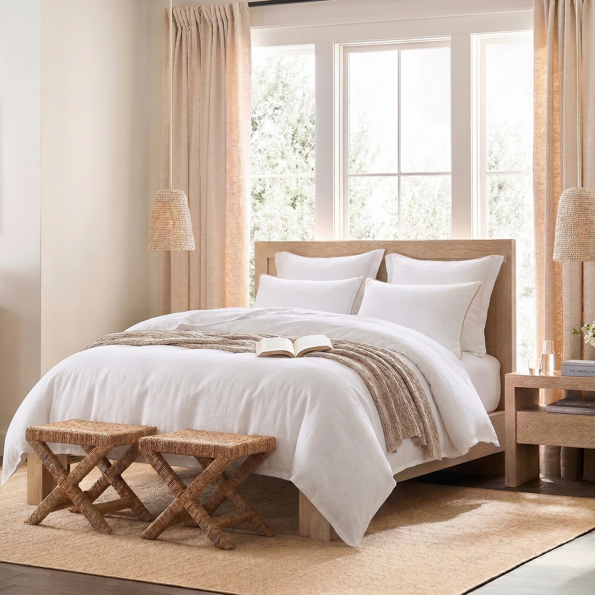 Organic modern bedroom featuring the Classic White 55% Linen 45% Cotton Blend Duvet Cover Set - DAUAOTO
