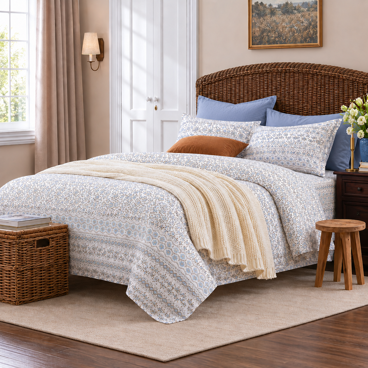 DAUAOTO coastal blue block print lightweight cotton sheet set on a bed with a rustic woven headboard and wooden stool.