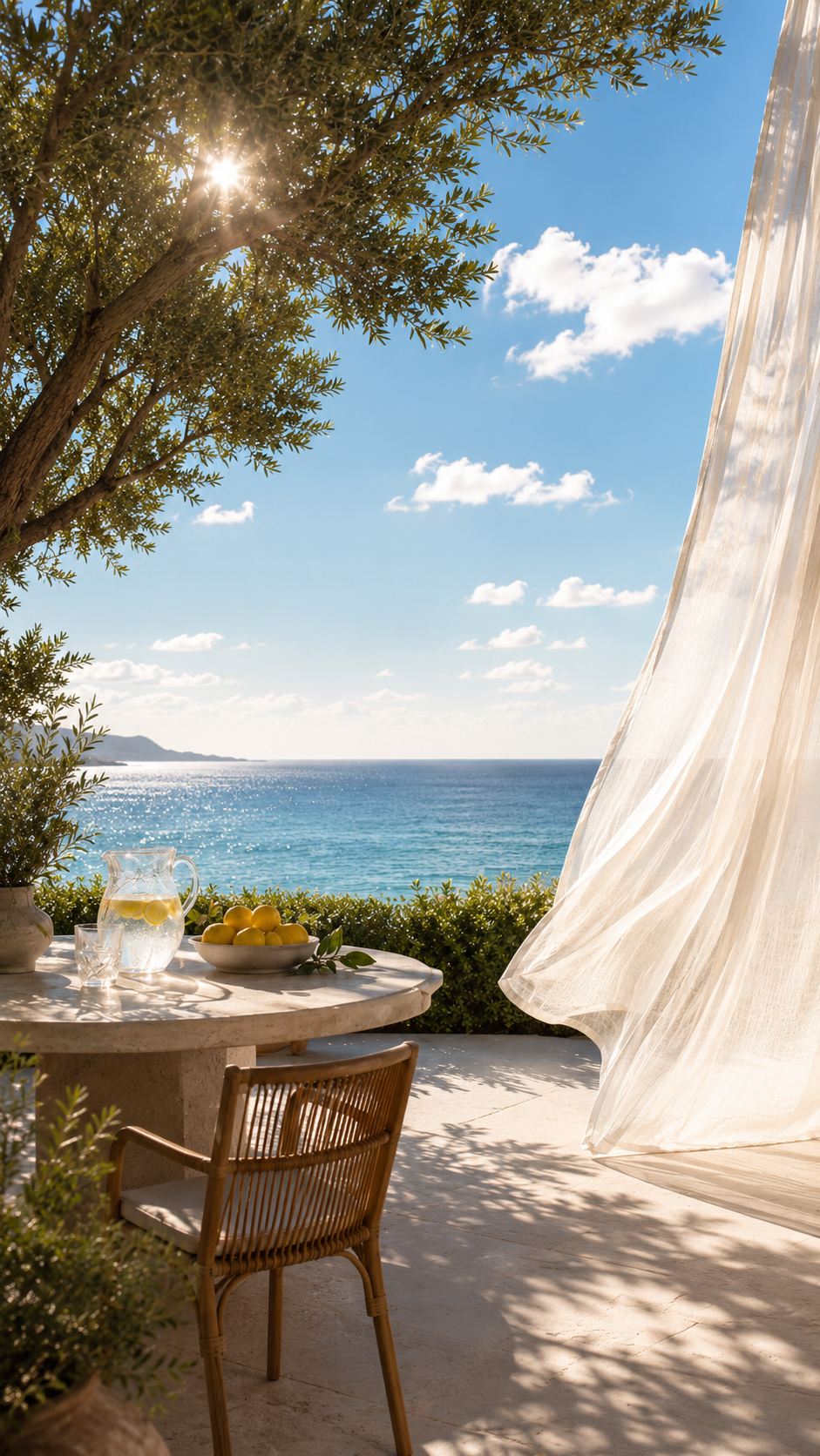 Vertical DAUAOTO lifestyle banner showing sheer white curtains blowing on a sunny coastal patio.