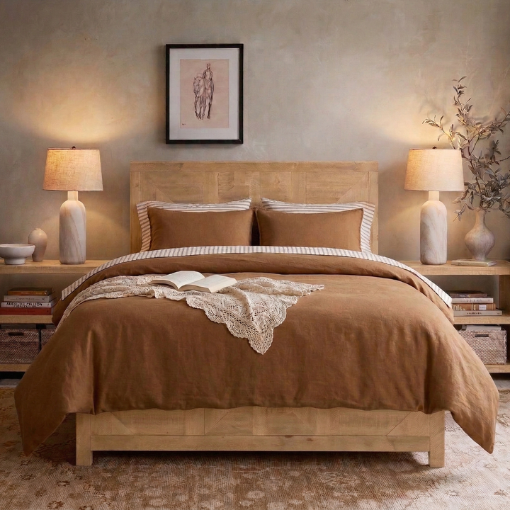 Organic modern retreat bedroom featuring the Cognac Brown 55% Linen 45% Cotton Blend Duvet Cover Set - DAUAOTO