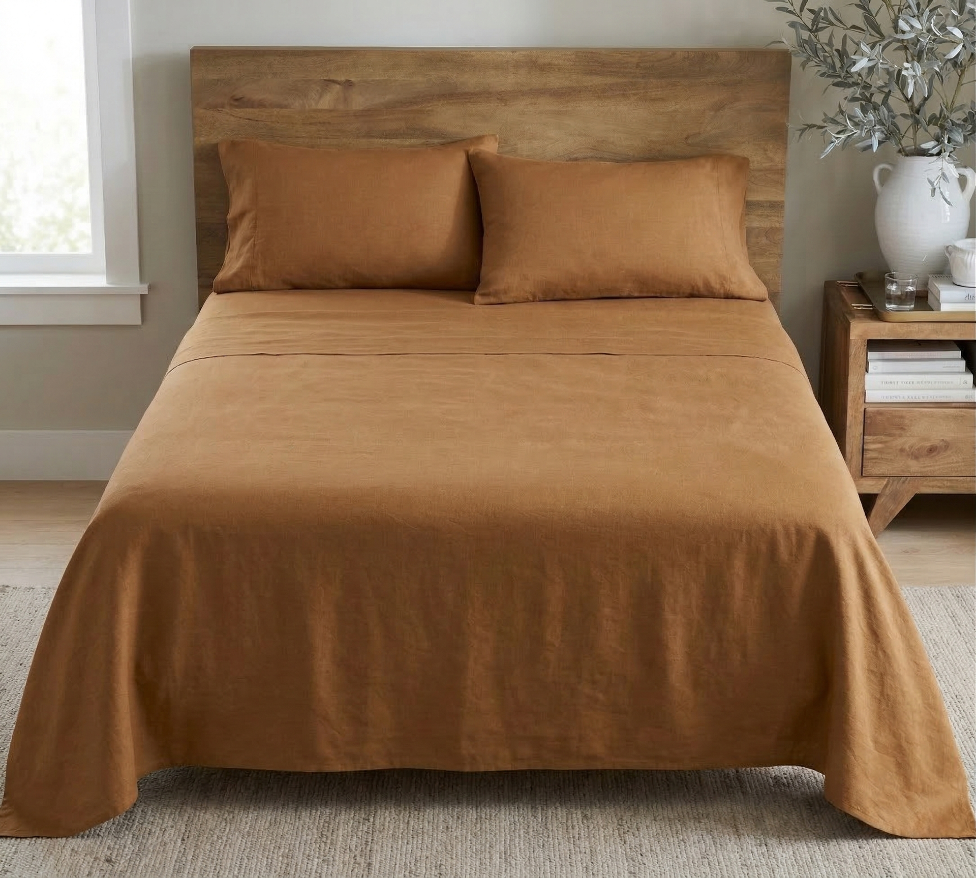 Organic modern bedroom featuring the Cognac Brown 55% Linen 45% Cotton Blend Sheet Set in a warm terracotta hue - DAUAOTO